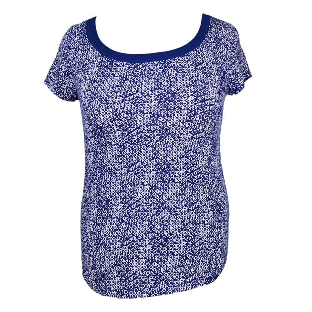 Ann Taylor Batik Print Short Sleeve Tee shirt Top Blue White Geometric Medium
